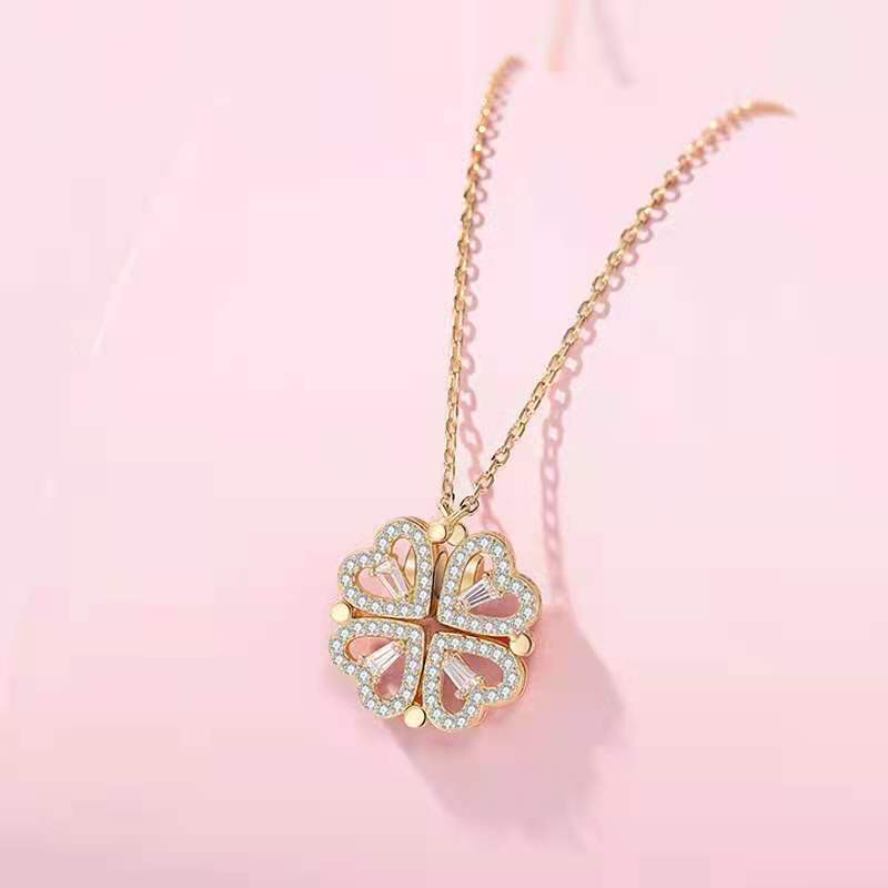 2 in 1 Four Leaf Clover/Heart-shaped Magnetic pendant Charm Necklace for Women