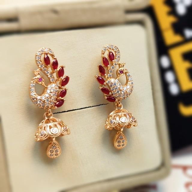 Stunning Maroon Zircon Peacock Golden Earnings for Girls/Women - zebaishjewellers