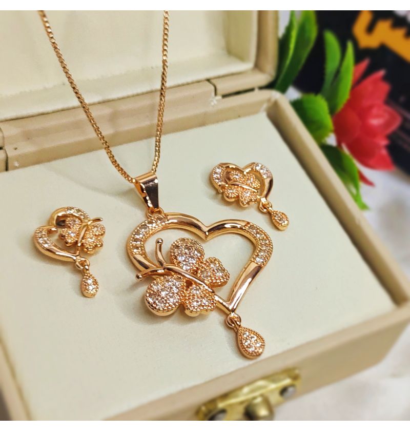 18k Micro Gold Plated Heart Butterfly Fancy Gold Plated Necklace Set for Girls/Women