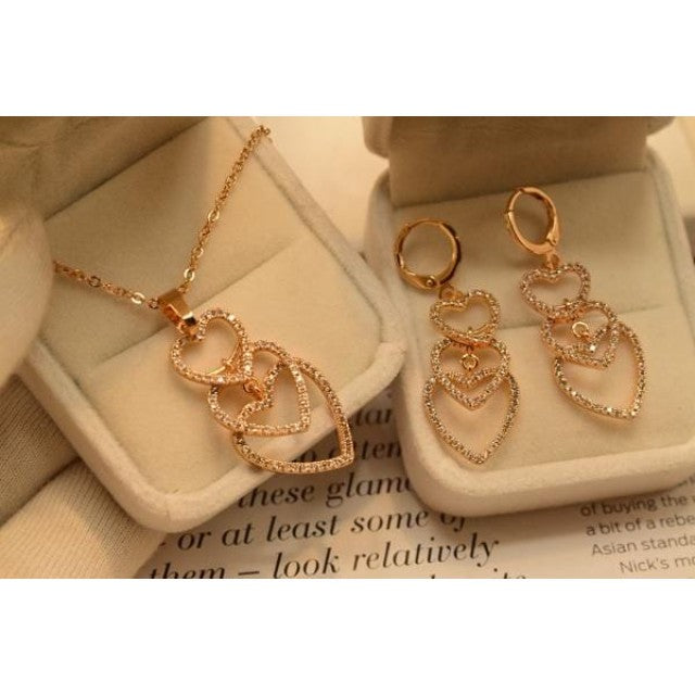 Stylish Triple Heart Golden Necklace Set for Girls/Women